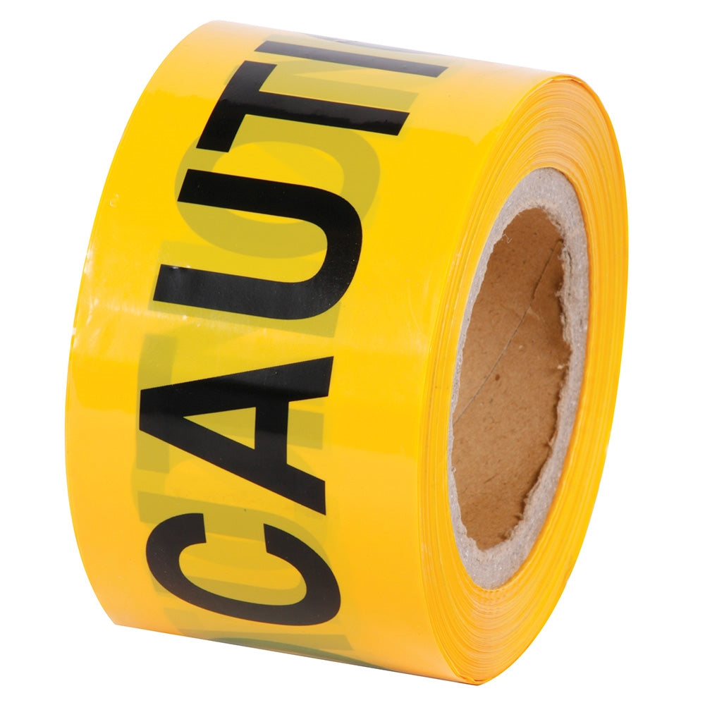 Roll of yellow caution tape with black text on a white background