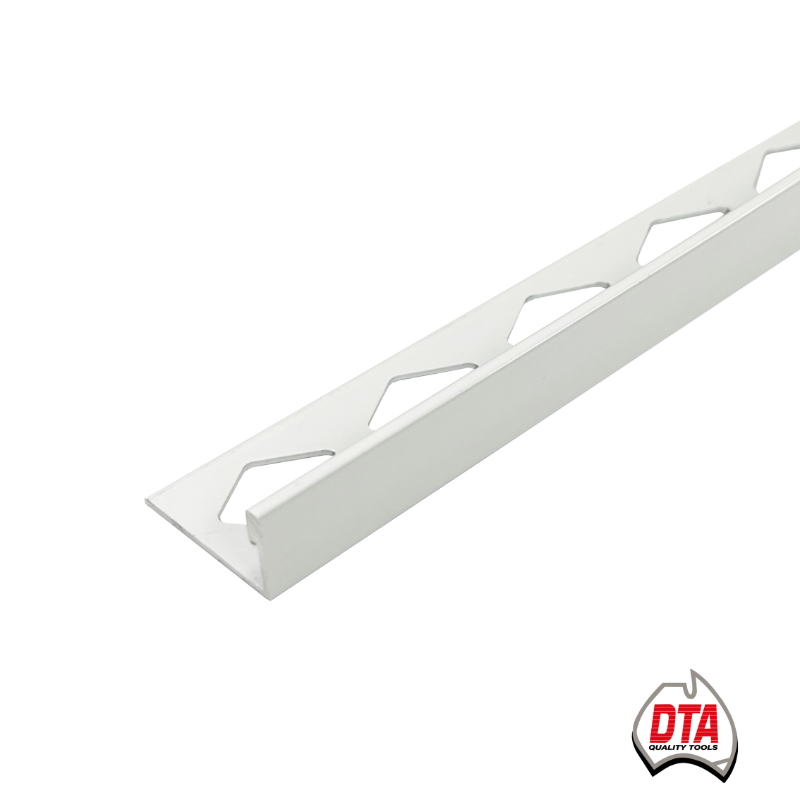 White aluminium angle with DTA Australia logo
