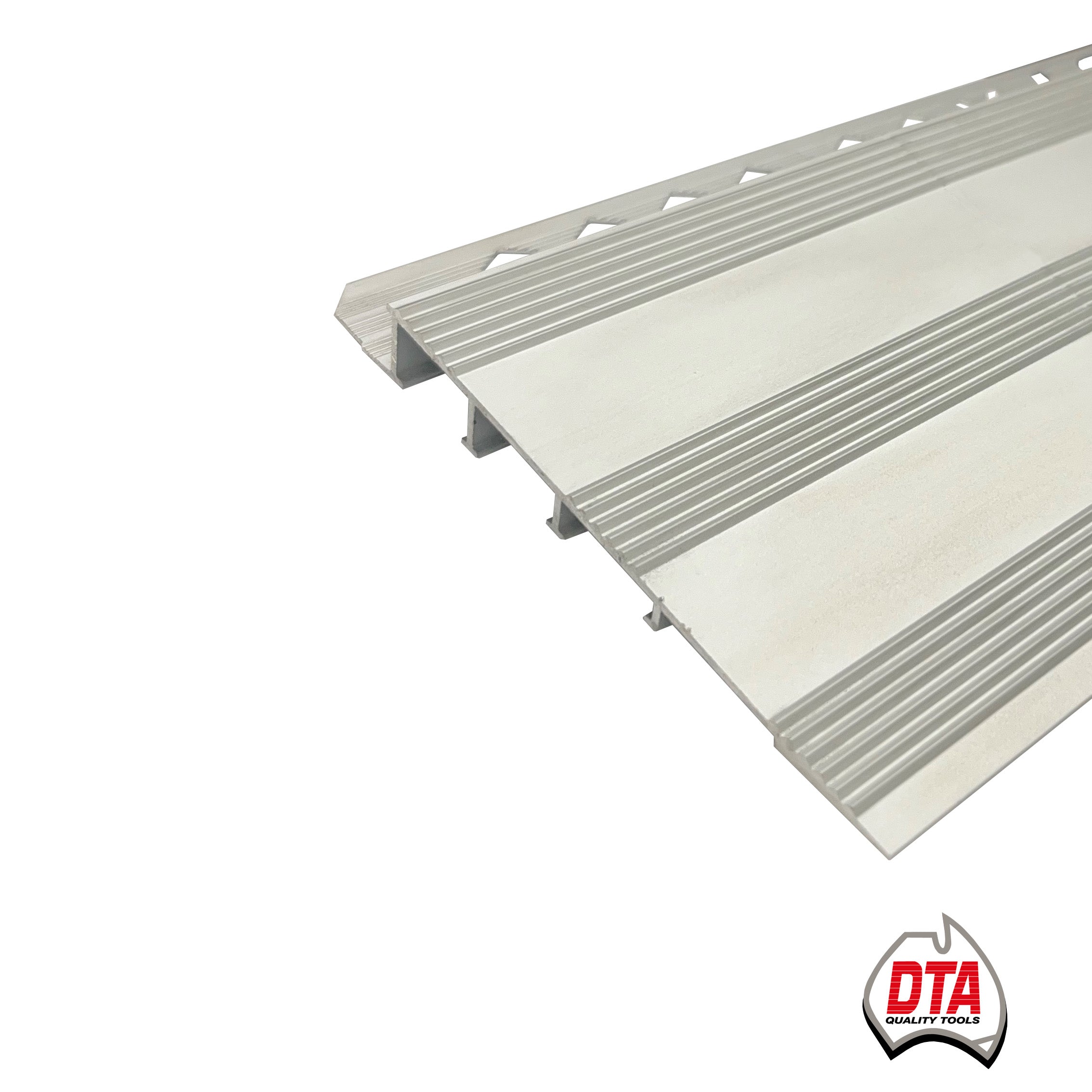 Transition edge ramp in 3m x 90mm x 10mm in matt silver with DTA Australia logo