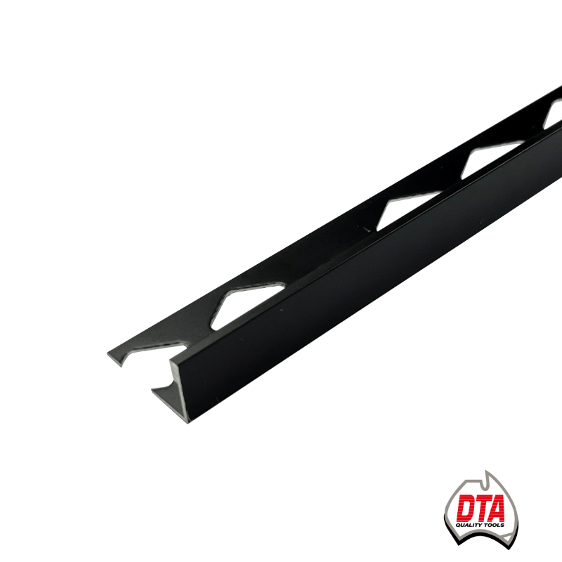 Black aluminium angle in 9mm x 3m with DTA logo