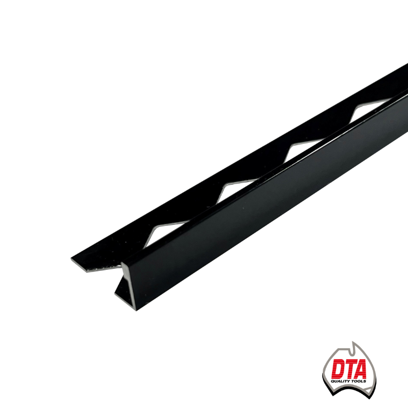 Black aluminium angle tile trim edge with DTA logo