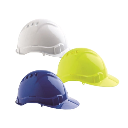 Hard hats in white, blue, and yellow colours