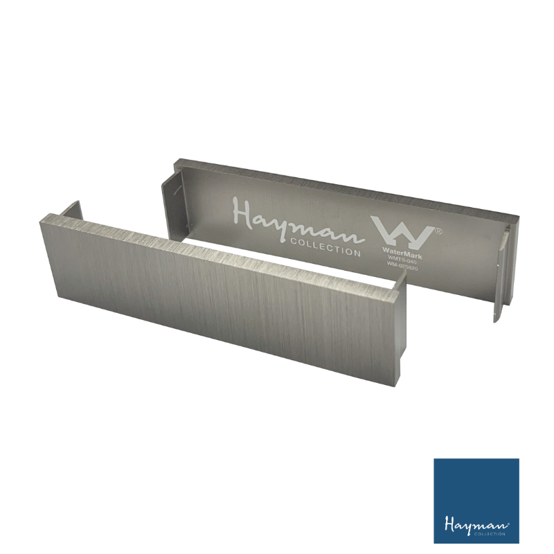 Aluminium linear drain end caps with Hayman logo
