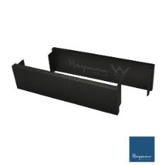 Black linear drain end caps with Hayman logo