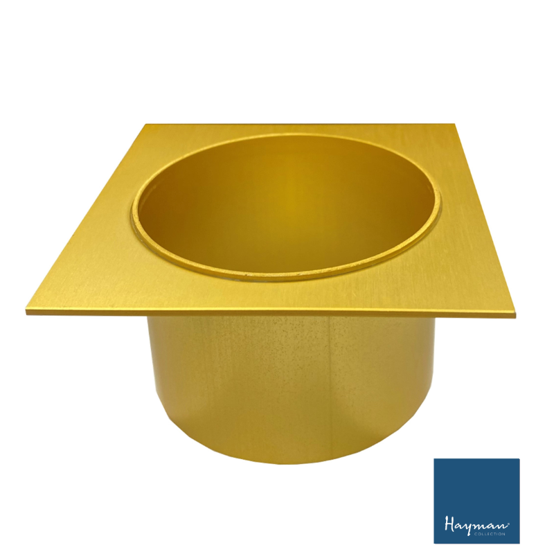 Aluminium shower drain outlet 80mm in matt gold with Hayman logo