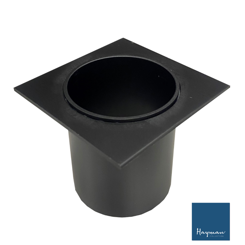 Black aluminium shower drain outlet with Hayman logo