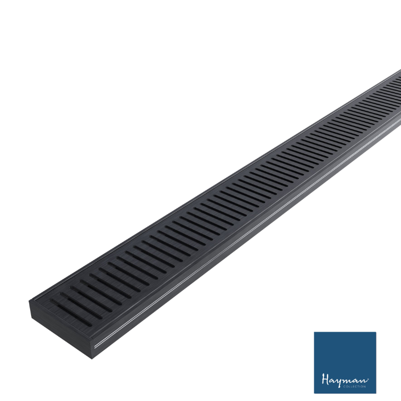 Black aluminium shower grate drain kit with Hayman logo