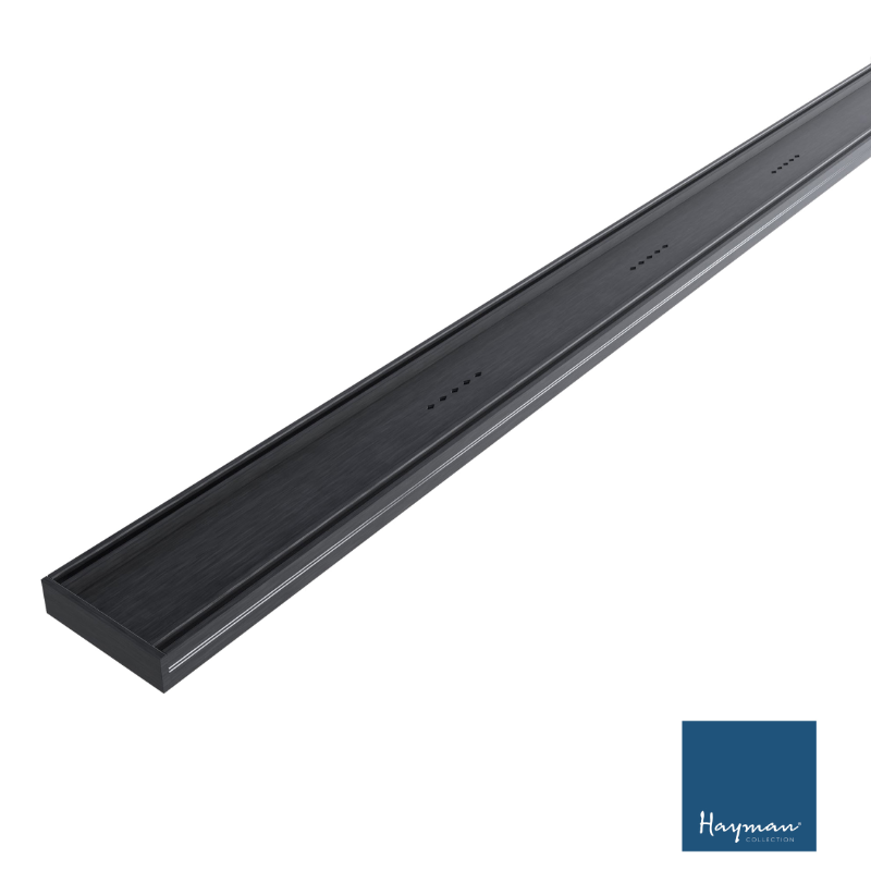 Black aluminium tile in linear drain with Hayman logo