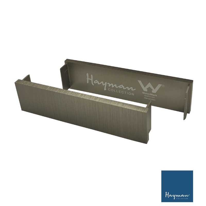 Aluminium end caps for linear drain with Hayman logo