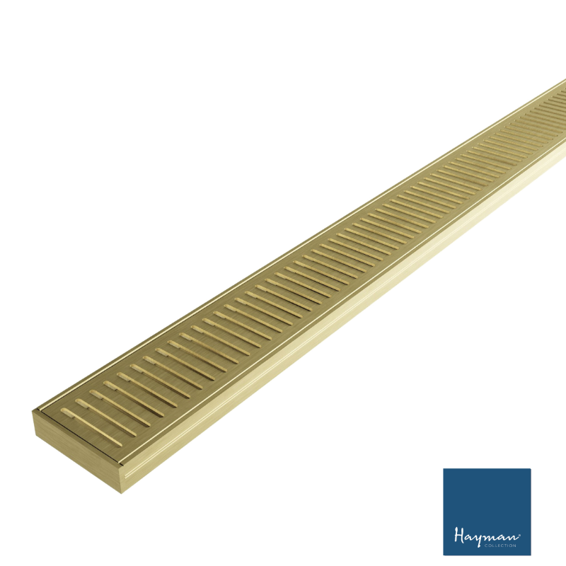 Gold aluminium shower grate drain with Hayman logo