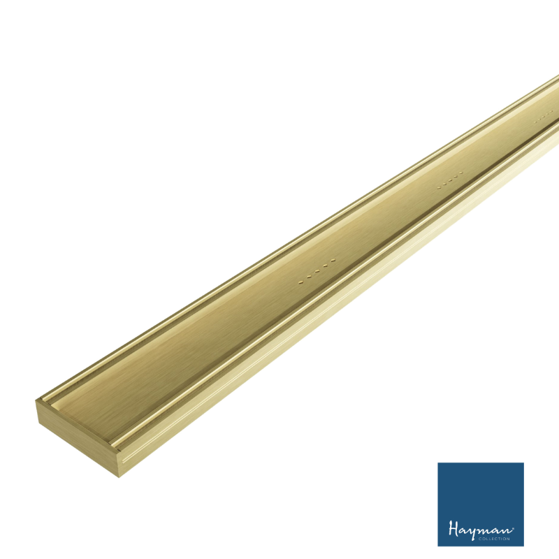Gold aluminium tile in linear drain with Hayman logo