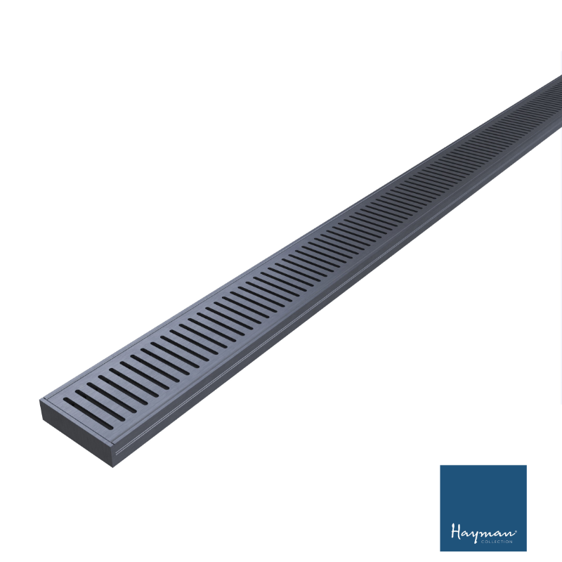 Gray aluminium shower grate drain kit with Hayman logo