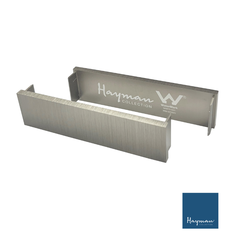 Aluminium linear drain 26mm end caps with Hayman logo