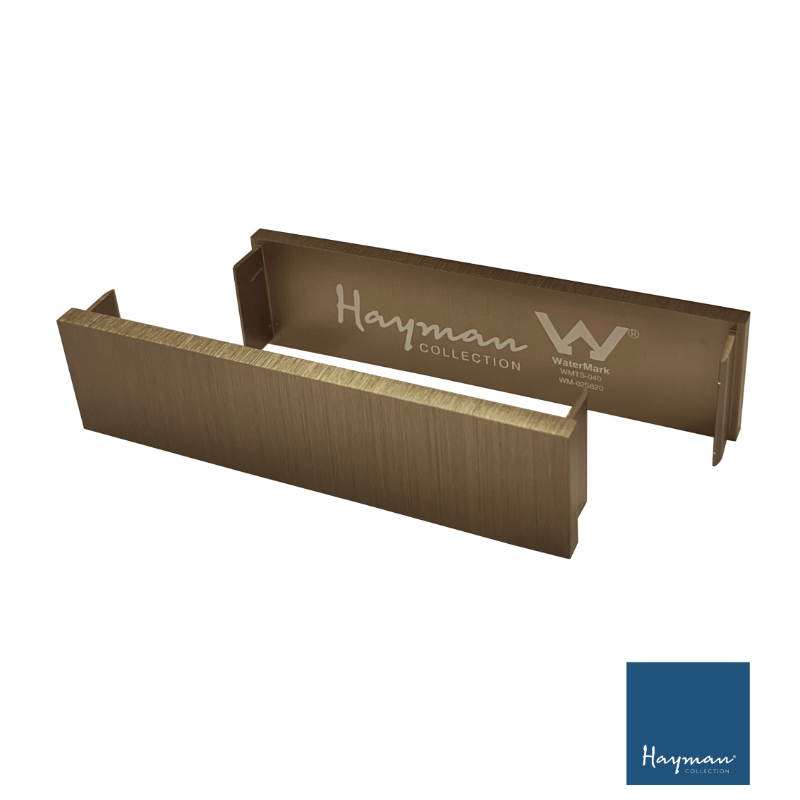 Brown aluminium linear drain end caps with Hayman logo