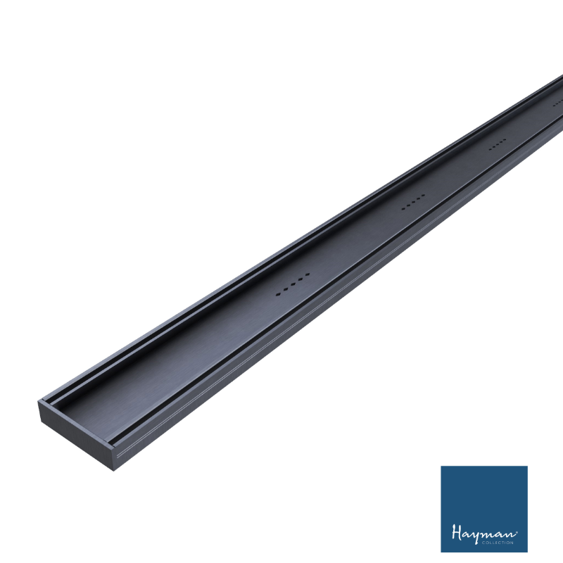Black aluminium tile linear drain with Hayman logo