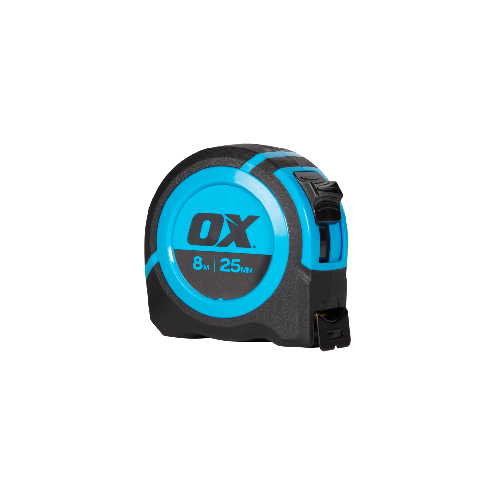 OX 8m Nylon Coated Compact Tape Measure tiling tool with 25mm wide blade and easy-catch hook for tiling trades across Australia