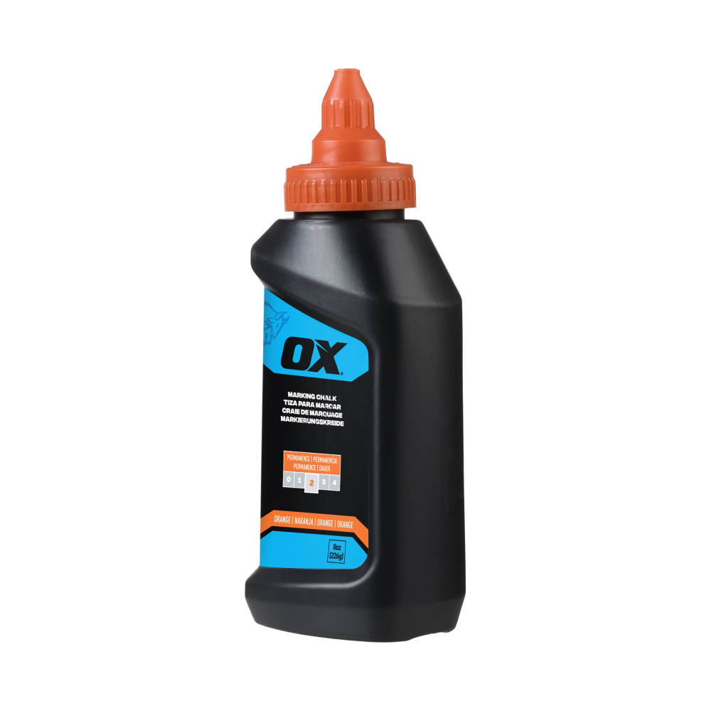 Bottle of OX 8oz Hi-Visibility Orange Marking Chalk Permanence 2 for construction trades