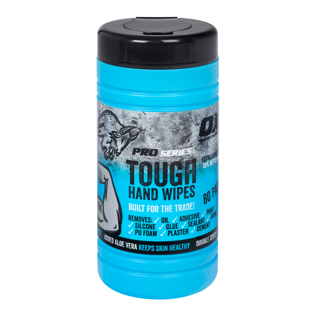Container of OX Pro Tough Hand Wipes 80 pack for wet trades